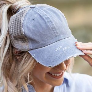 Gray distressed ponytail baseball cap